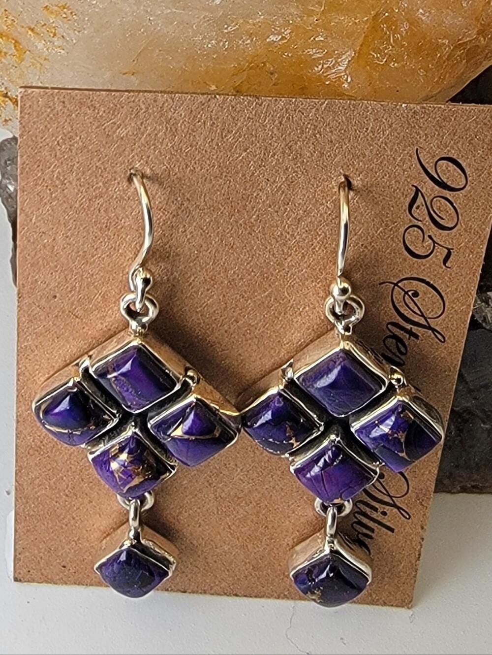 Sterling Silver 925 Kingman Purple Dahlia Turquoise Cluster Dangle Earrings 2”